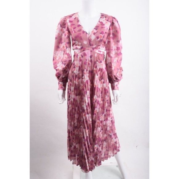 Bardot Womens Pleated Cut-Out Midi Dress Pink Purple Garden Floral NWT - Picture 3 of 7